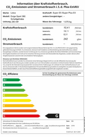 Pkw-Label Lotus Exige Sport 380 - Schaltgetriebe